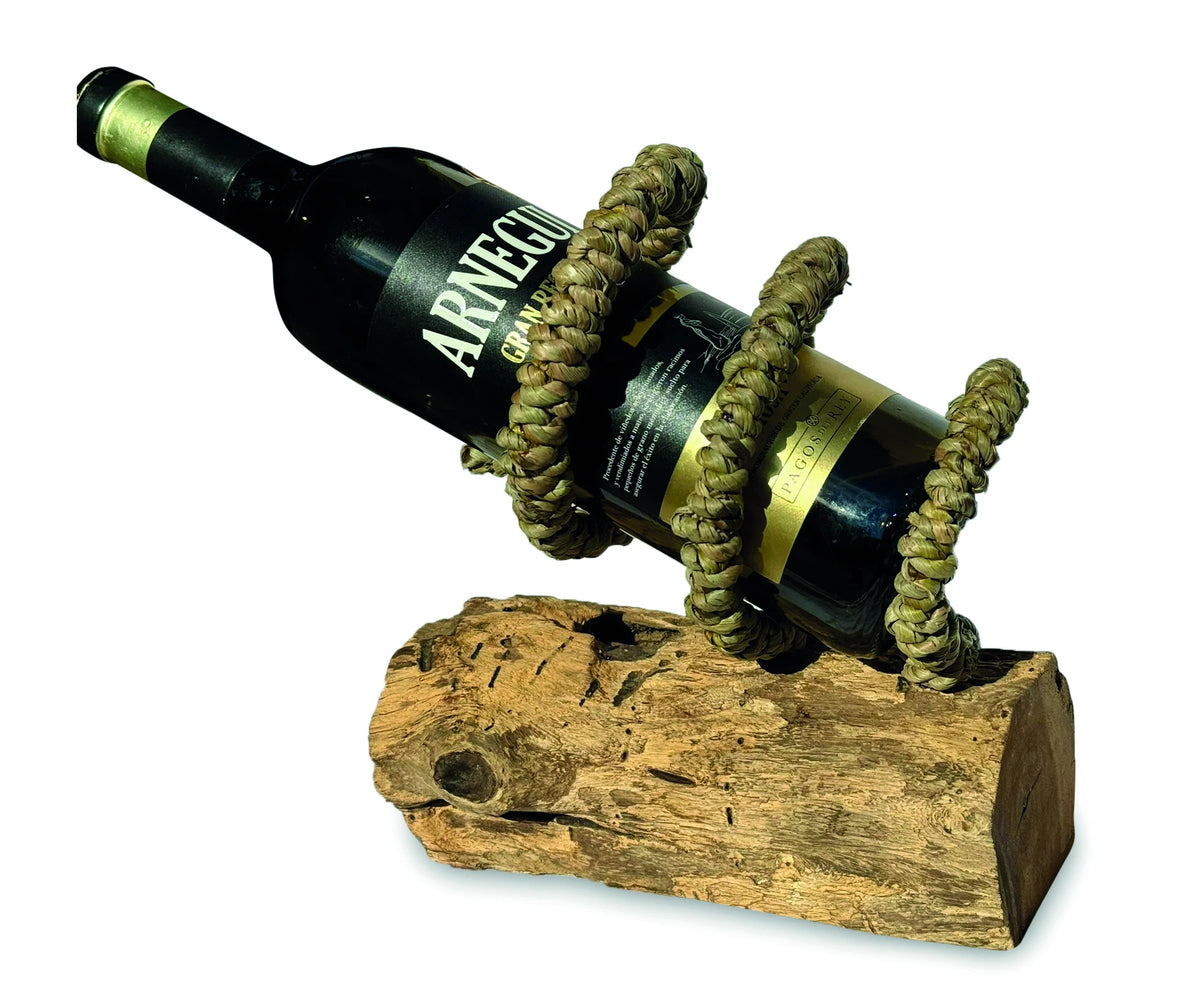 Driftwood & Rope Wine Holder Tilted