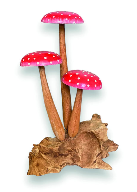 FLY AGARIC RED/WHITE 3 MUSHROOM SCULPTURE 16cm.