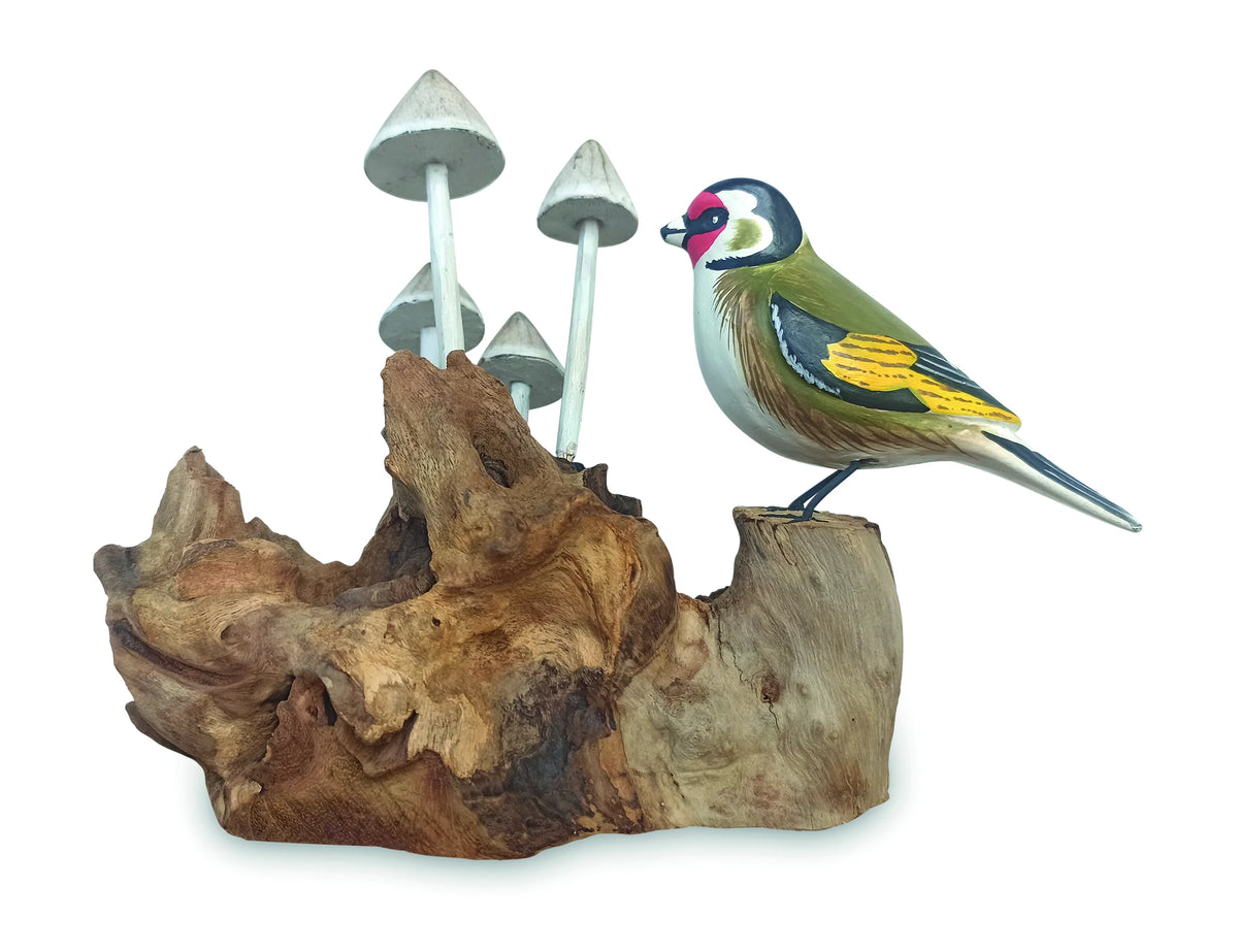 Goldfinch With Mushrooms Sculpture 18cm