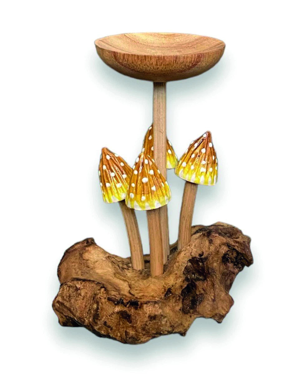 4  pointed yellow cap mushrooms with single candle holder