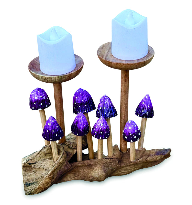 8 Violet Pointed Cap Mushrooms With Double Candle Holder