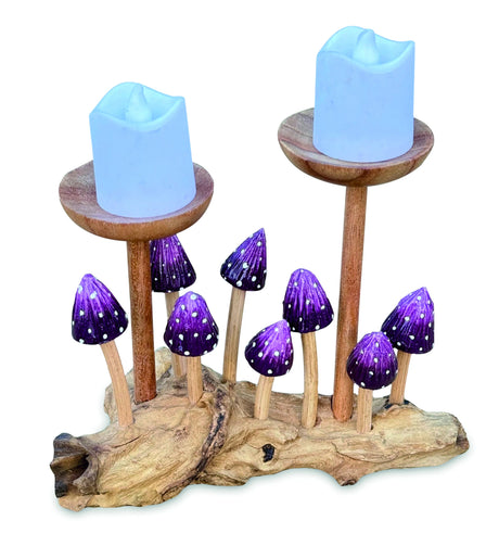 8 Violet Pointed Cap Mushrooms With Double Candle Holder