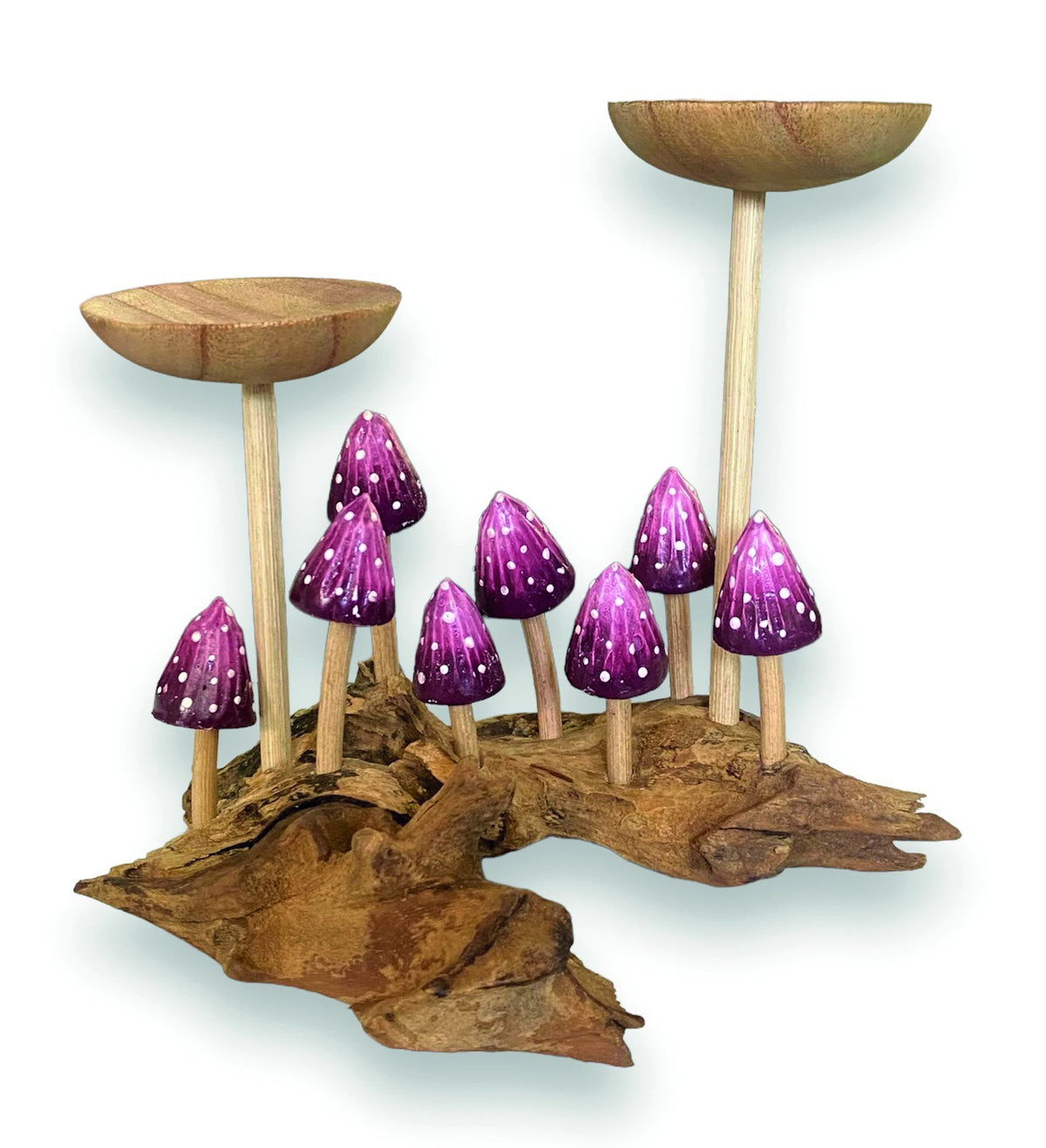 8 Violet Pointed Cap Mushrooms With Double Candle Holder