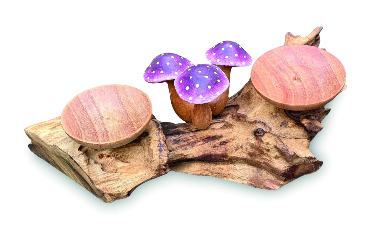 3 Violet Closed Cap Mushrooms With Double Candle Holder Low