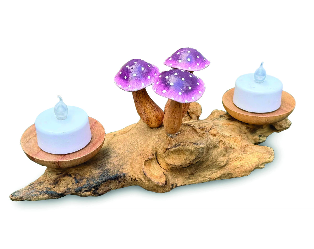 3 Violet Closed Cap Mushrooms With Double Candle Holder Low