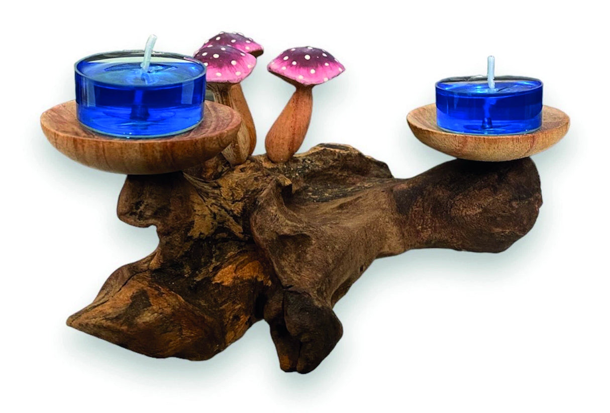 3 Violet Closed Cap Mushrooms With Double Candle Holder Low