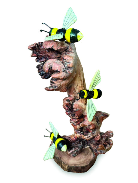 Painted 3 Bumblebees On Parasite Wood 18cm