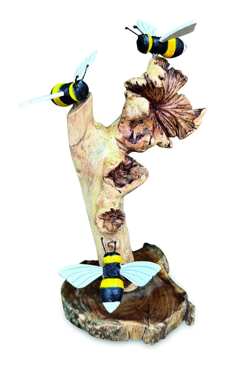 Painted 3 Bumblebees On Parasite Wood 18cm