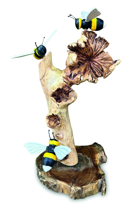 Painted 3 Bumblebees On Parasite Wood 18cm