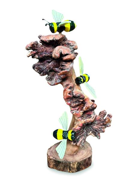Painted 3 Bumblebees On Parasite Wood 18cm