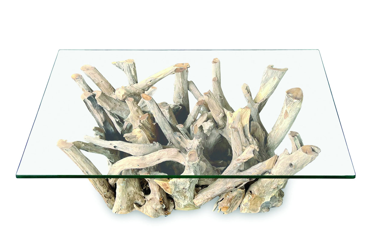 Driftwood Coffee Table with 100x70 cm Glass