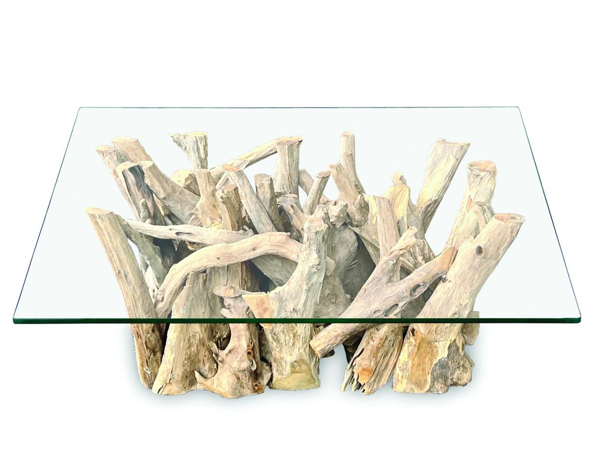 Driftwood Coffee Table with 100x70 cm Glass