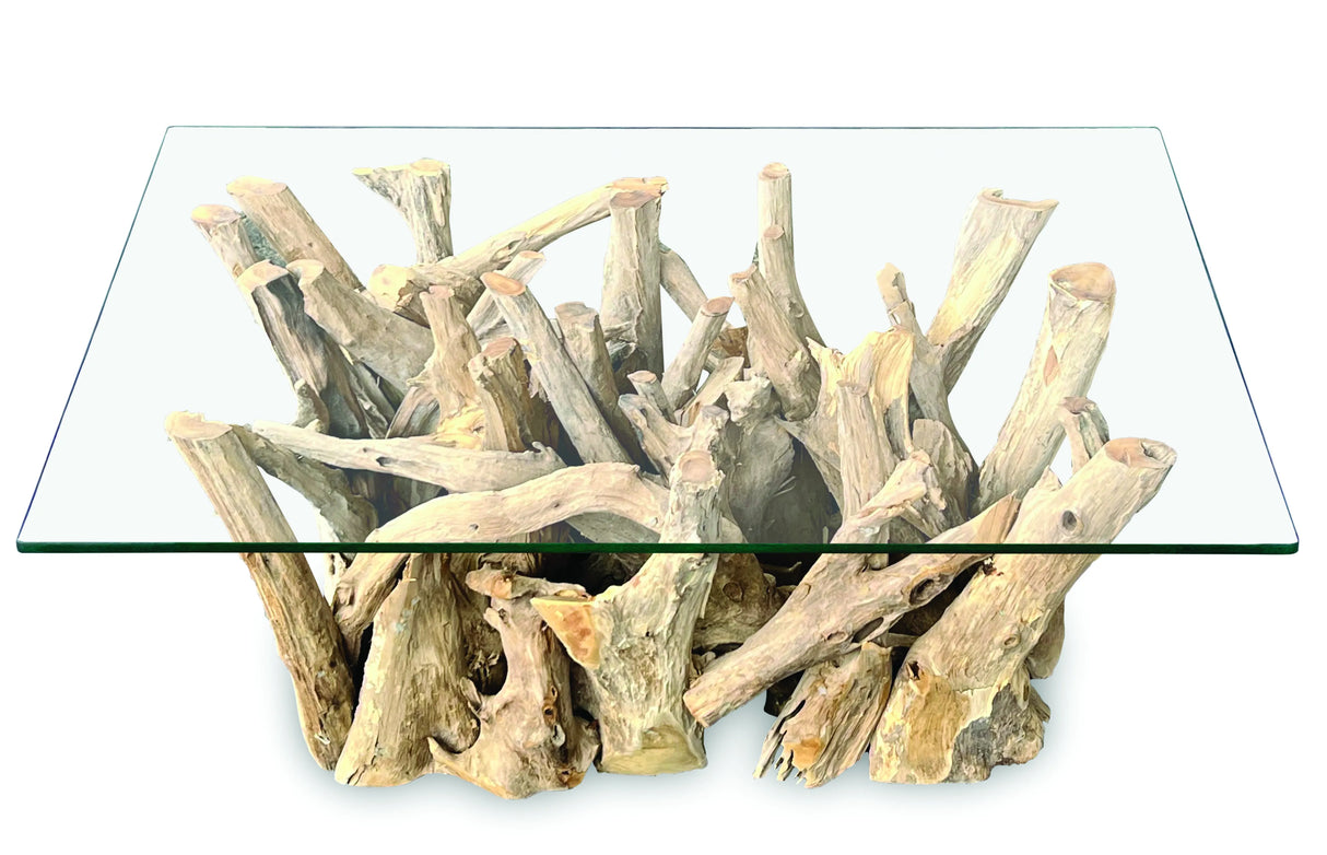 Driftwood Coffee Table with 100x70 cm Glass