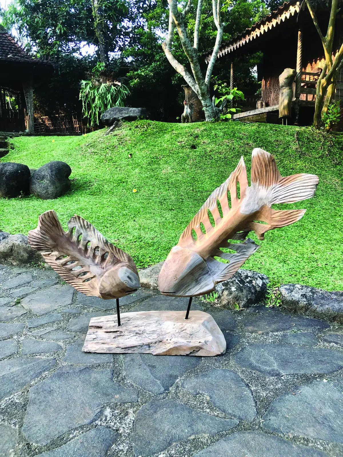 Double Fish Skeleton Sculpture On Stand Large