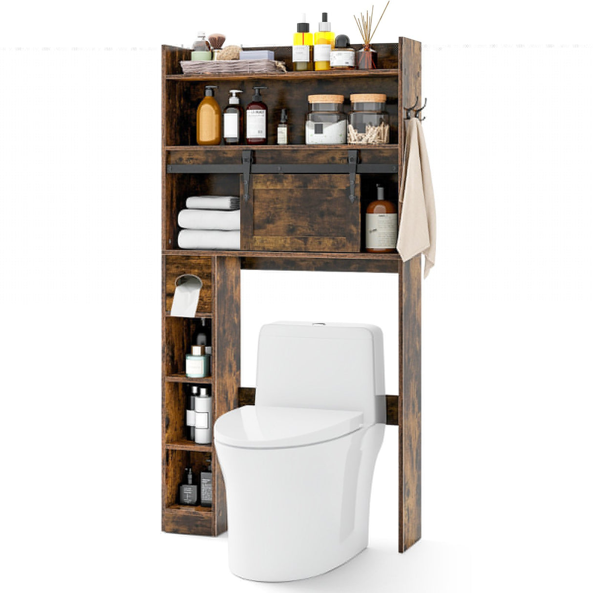 Over The Toilet Storage Cabinet with Sliding Barn Door and Adjustable Shelves-Rustic Brown