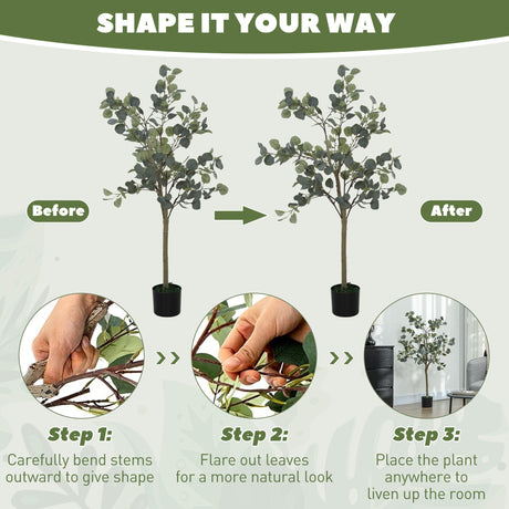 HOMCOM Set of 2 Decorative Artificial Plants, 4ft/ 120cm Silk Eucalyptus Trees with 230 Silver Dollar Leaves in Pot, Fake Plants for Home, Office, Living Room, Indoor Decor