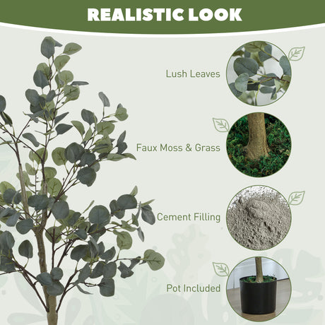 HOMCOM Set of 2 Decorative Artificial Plants, 4ft/ 120cm Silk Eucalyptus Trees with 230 Silver Dollar Leaves in Pot, Fake Plants for Home, Office, Living Room, Indoor Decor