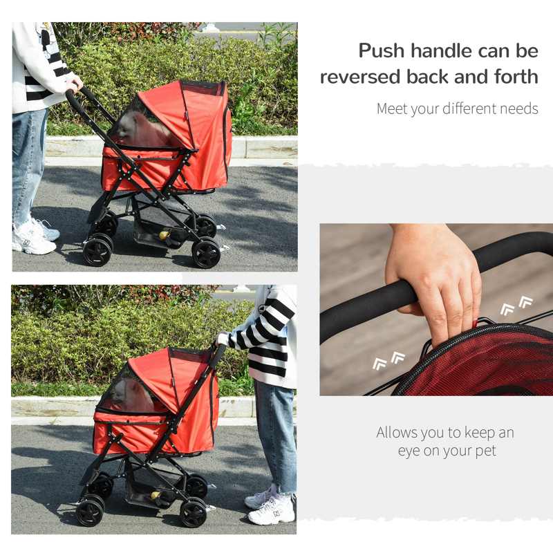 PawHut Pet Stroller Pushchair Foldable Travel Dog Cat Carriage w/ Reversible Handle Brake Basket