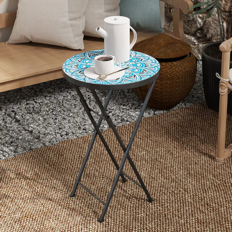 Outsunny Mosaic Outdoor Garden Table, 35.5cm Round Folding Coffee Table with Metal Frame for Balcony Terrace, Blue