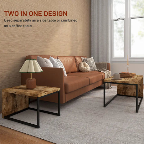 HOMCOM Coffee Tables Set of 2, Industrial Nest of Tables with Metal Frame for Living Room Bedroom, Rustic Brown