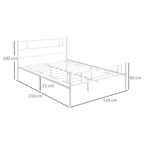 HOMCOM Double Metal Bed Frame Solid Bedstead Base with Headboard and Footboard, Metal Slat Support and Underbed Storage Space, Bedroom Furniture, White