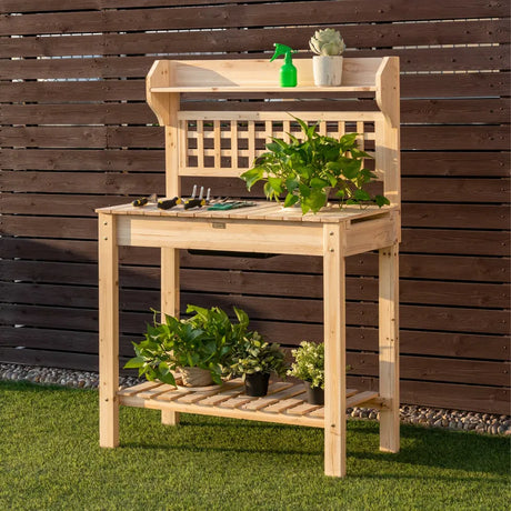 Garden Potting Bench Workstation Table with Sliding Tabletop Sink Shelves