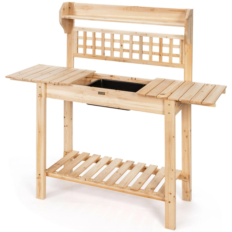 Garden Potting Bench Workstation Table with Sliding Tabletop Sink Shelves