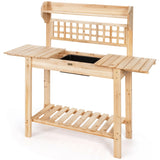 Garden Potting Bench Workstation Table with Sliding Tabletop Sink Shelves