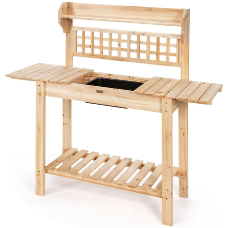 Garden Potting Bench Workstation Table with Sliding Tabletop Sink Shelves