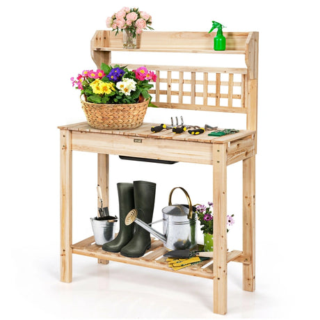 Garden Potting Bench Workstation Table with Sliding Tabletop Sink Shelves