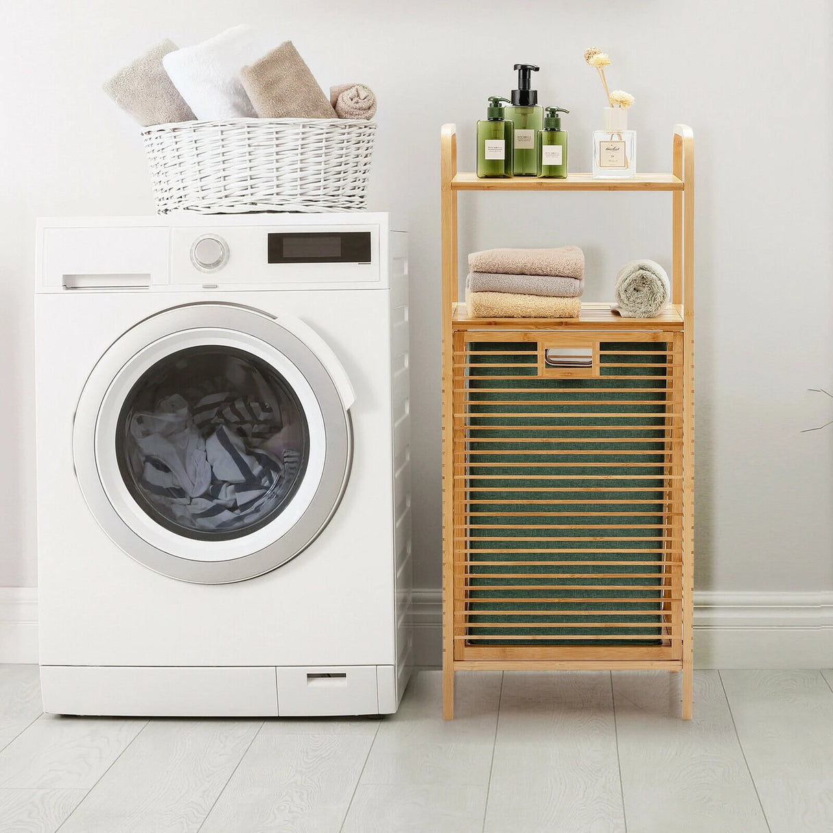 Tilt-out Bamboo Laundry Hamper  with 2-Tier Shelf and Removable Liner-Natural