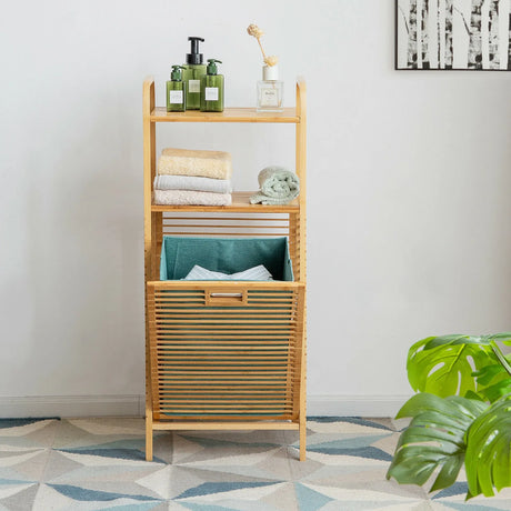 Tilt-out Bamboo Laundry Hamper  with 2-Tier Shelf and Removable Liner-Natural