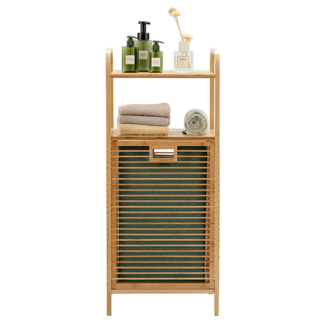 Tilt-out Bamboo Laundry Hamper  with 2-Tier Shelf and Removable Liner-Natural