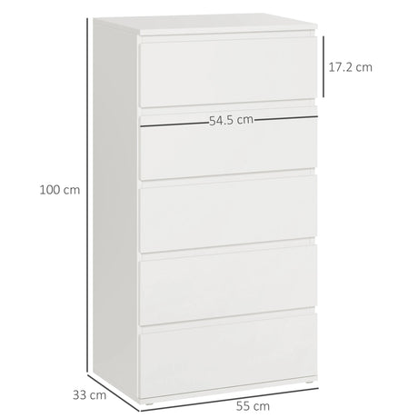 HOMCOM Chest of Drawers, 5 Drawers Storage Cabinet Floor Tower Cupboard for Bedroom Living Room, White