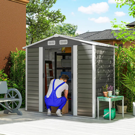 Outsunny 7 x 4ft Garden Shed, Easy to Assemble, Upgraded Galvanised Steel Frame with Foundation Kit, Double Doors with Lock, Outdoor Metal Shed with Vents and Gloves, Garden Storage Shed, Dark Grey
