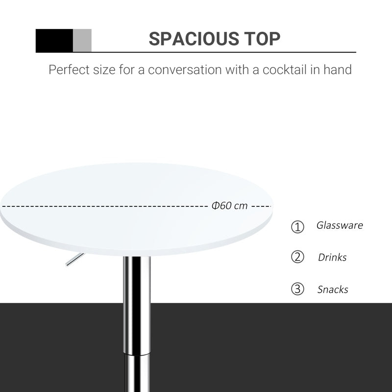 HOMCOM Bar Table Φ60cm Adjustable Height Round Bistro Table w/ Swivel Top Metal Frame Counter Surface Stylish Kitchen Conservatory White