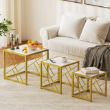 HOMCOM Nesting Coffee Tables, Set of 3 Square Side Tables with Black Metal Frame, for Living Room, Bedroom and Office, White