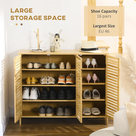 HOMCOM Rustic Shoe Cabinet, 3 Door Shoe Storage Cabinet with 8 Shelves, Natural Wood Finish