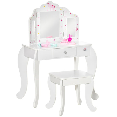 HOMCOM Kids Vanity Table & Stool Girls Dressing Set Make Up Desk Chair Dresser Play Set with Rotatable Mirrors Drawer Star & Heart Pattern White