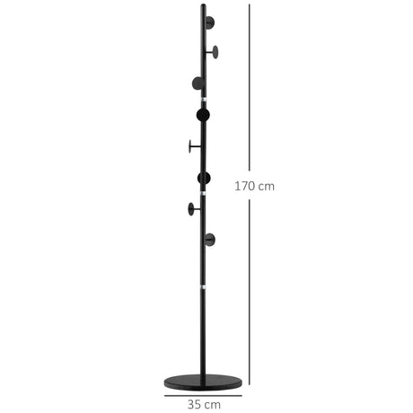 HOMCOM Coat Rack Free Standing Hall Tree with 8 Round Disc Hooks for Clothes, Hats,Purses, Steel Entryway Coat Stand with Marble Base for Entryway, Living Room, Bedroom, Black