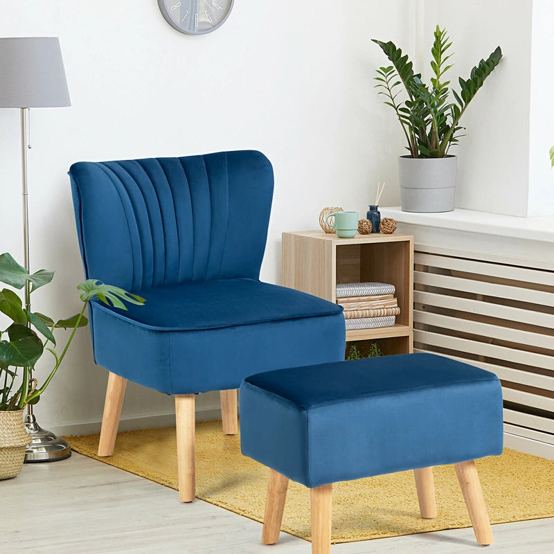 Leisure Chair and Ottoman Padded Velvet Tufted Sofa Set-Blue