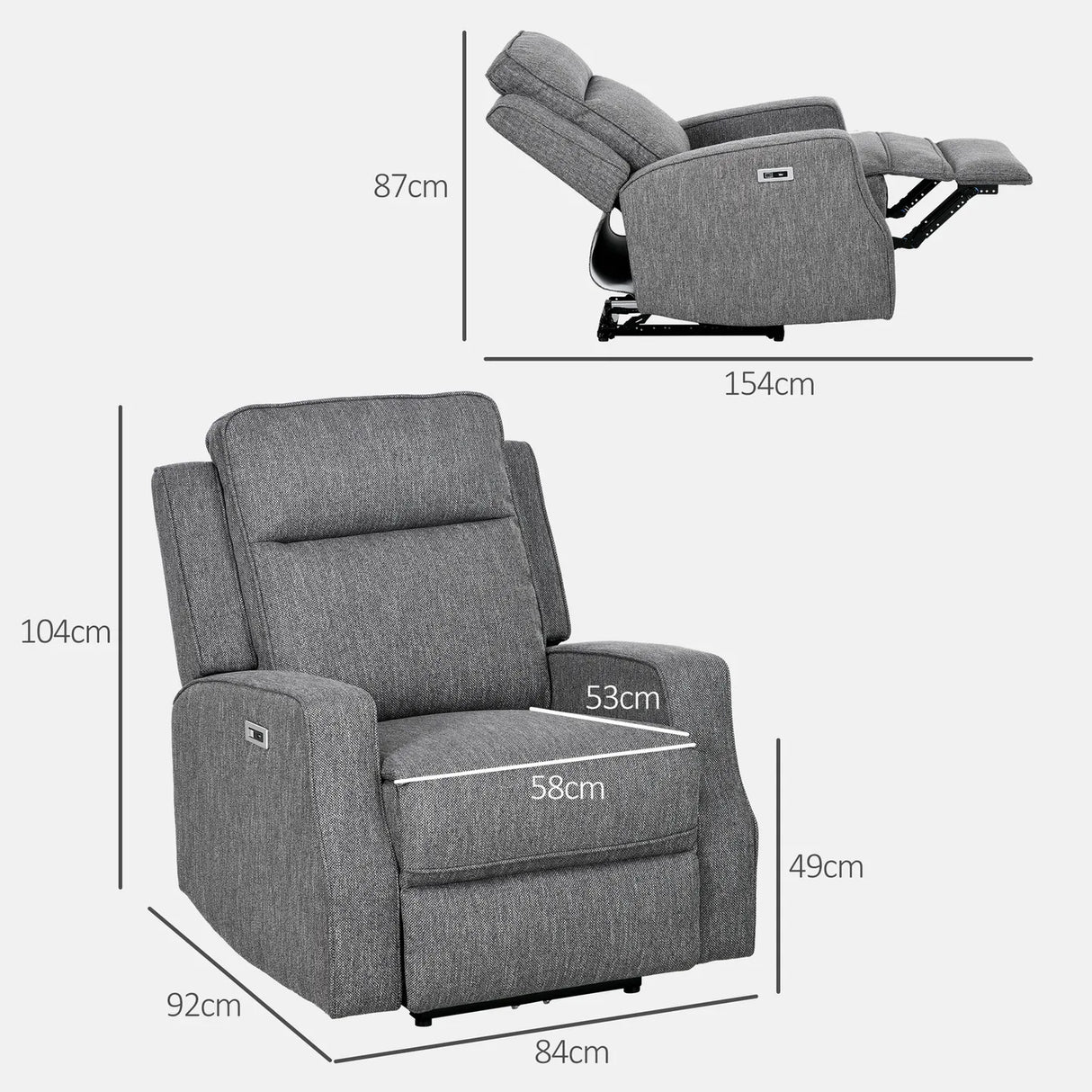 HOMCOM 150 Electric Reclining Chair, with USB port and Footrest - Charcoal Grey