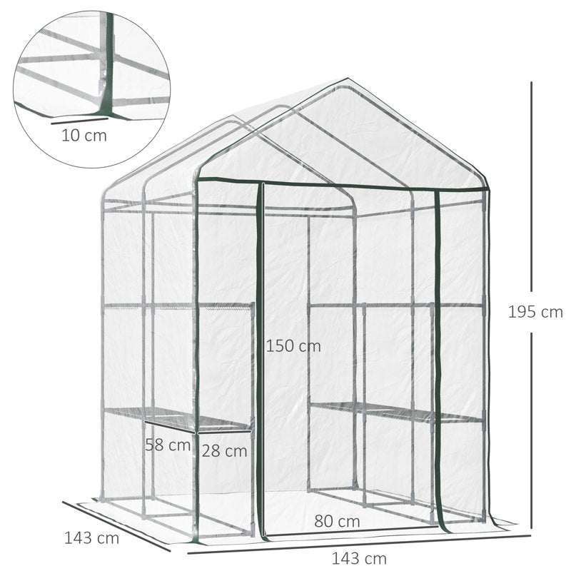 Outsunny Walk in Greenhouse with 3-Tier 8 Shelves, Green House with Hemmed Cover, Roll-up Zipped Door, Steel Frame, 143 x 143 x 195cm