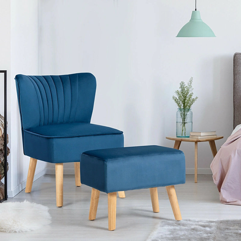 Leisure Chair and Ottoman Padded Velvet Tufted Sofa Set-Blue