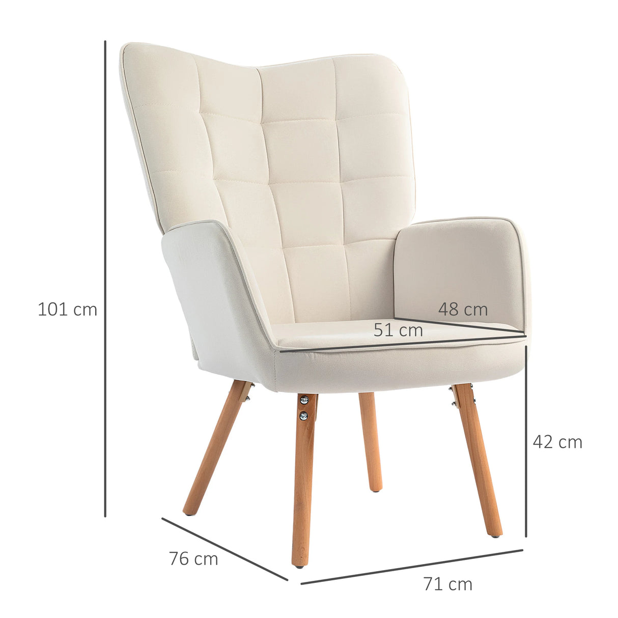 HOMCOM Modern Accent Chair Set of 2 Velvet-Touch Tufted Wingback Armchair Upholstered Leisure Lounge Sofa Club Chair with Wood Legs, Cream White
