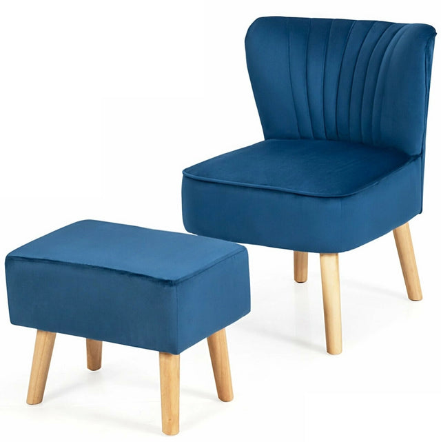 Leisure Chair and Ottoman Padded Velvet Tufted Sofa Set-Blue