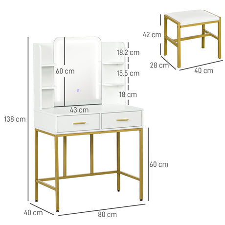 HOMCOM LED Light Dressing Table, with Stool - White