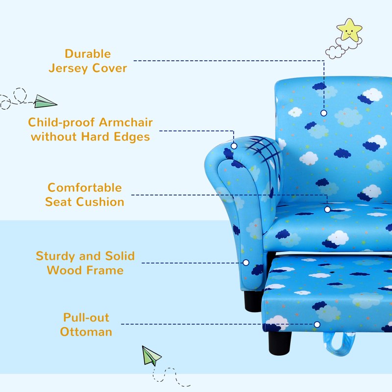 HOMCOM Toddler Chair Children's Armchairs Wood Frame w/ Footrest Anti-Slip Legs High Back Arms for Bedroom Playroom Cute Cloud Star Blue