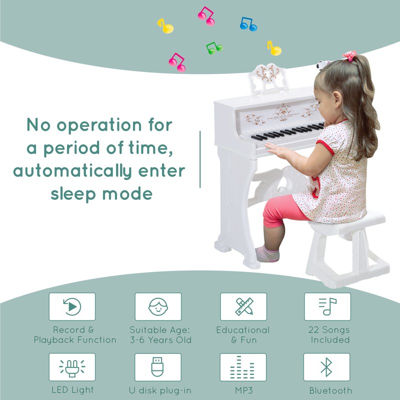 HOMCOM 37 Keys Kids Piano Mini Electronic Keyboard Light Kids Musical Instrument Educational Game Children Grand Piano Toy Set w/Stool & Microphone & Music Stand (White)