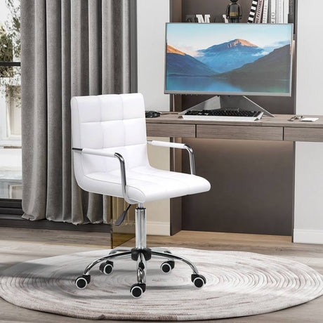 Vinsetto Office Chair, Makeup Vanity Chair, Mid Back Computer Chair, PU Leather Swivel Study Chair with Adjustable Height, Armrest and Rolling Wheels, White